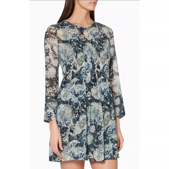 CLUB MONACO Silk Delaynee Mini Dress 2 Floral Print Sheer Chiffon Navy Blue B13 - Picture 1 of 6